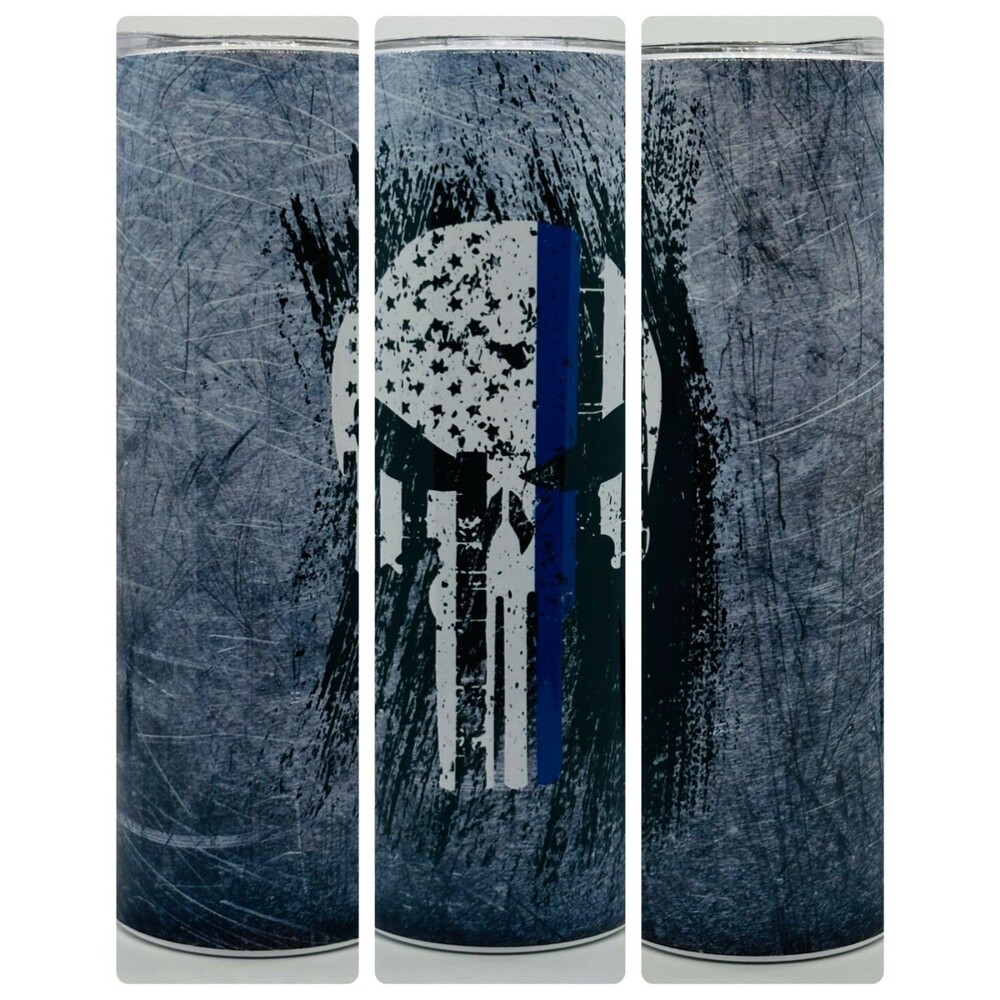 NEW "Police Skull"  20 oz. Stainless Steel Tumbler w/Straw Set & Silicone Tip